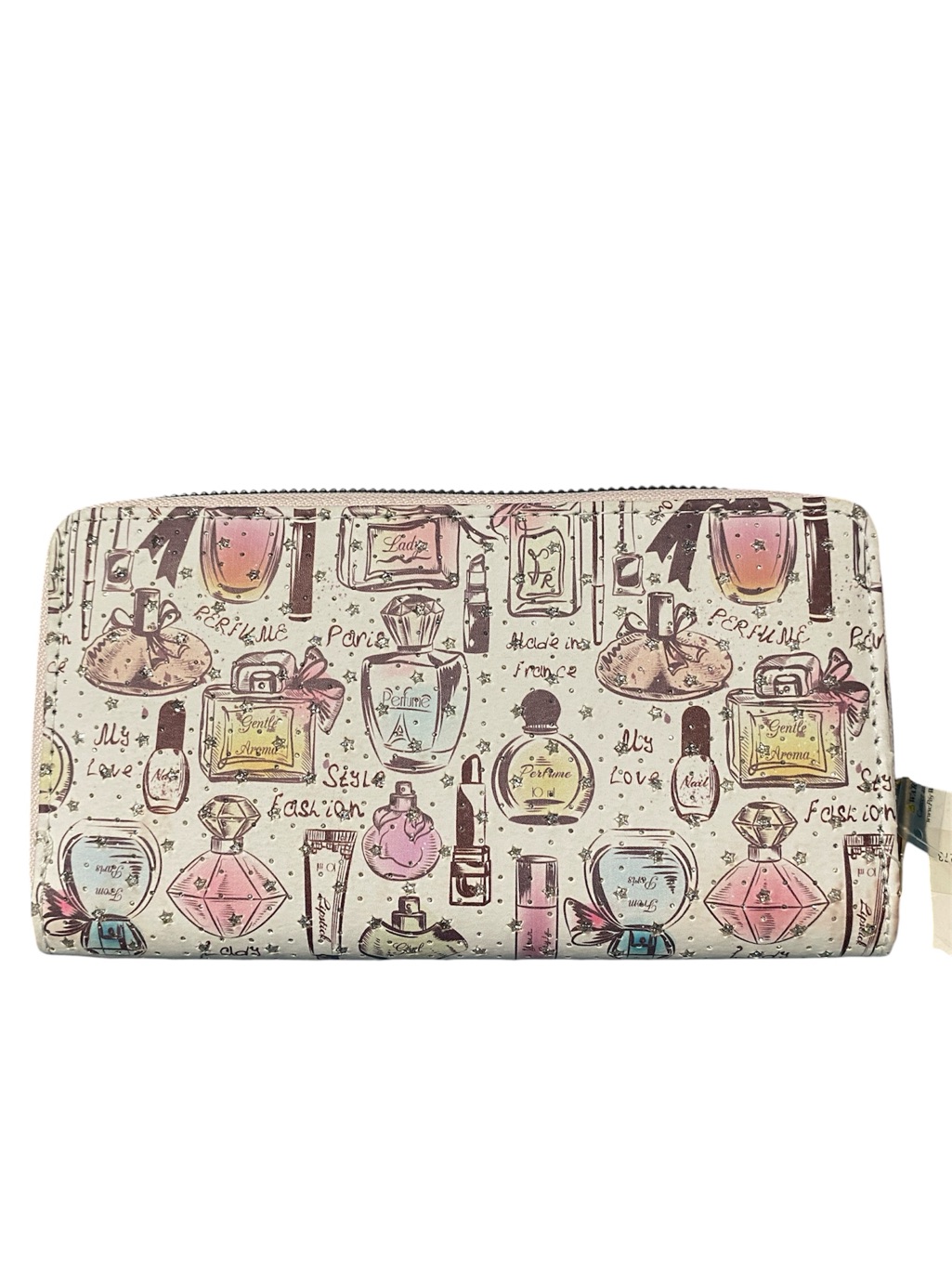 Women's Cream And Pink Zip-Around Wallet With Perfume Print